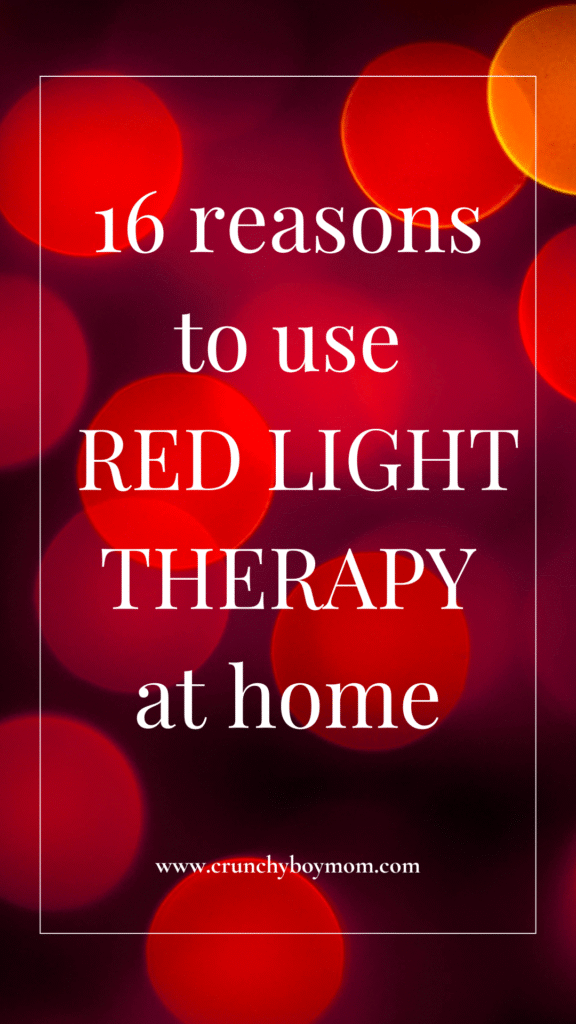 Red light therapy lights magnified to look like large red circles with a white letters that state 16 reasons to use red light therapy.