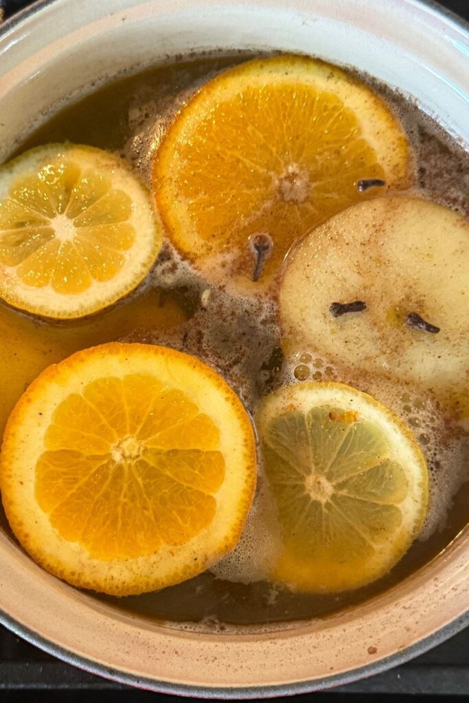 A pot of water with orange, lemon and apple slices, cloves and cinnamon sticks simmering on a stovetop. 